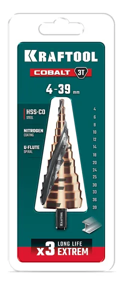 KRAFTOOL COBALT 4-39мм, 14 ступеней, азотирование, винтовая спираль, сверло ступенчатое(29691-4-39-14)