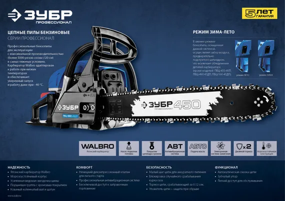 Бензопила цепная бензиновая, ЗУБР 56 см3, 45 см, Профессионал (ПБЦ-560 45ДП)