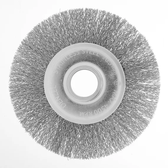 Щетка для УШМ, 125 мм, "Плоская", витая нержавеющая проволока 0.3 мм, посадка 22.2 мм Denzel