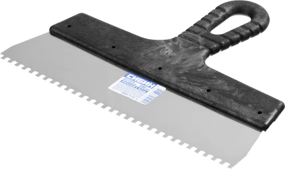 СИБИН 250 мм, пластиковая ручка зуб 4 х 4 мм, нержавеющий, зубчатый, фасадный шпатель (10089-25-04)