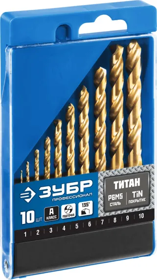 ЗУБР ТИТАН, 10 шт, (1-10 мм), сталь Р6М5, класс А, титановое покрытие, набор сверл по металлу, Профессионал (29615-H10)