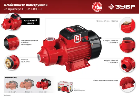 Поверхностный вихревой насос ЗУБР 650 Вт корпус из чугуна (НС-М1-650-Ч)