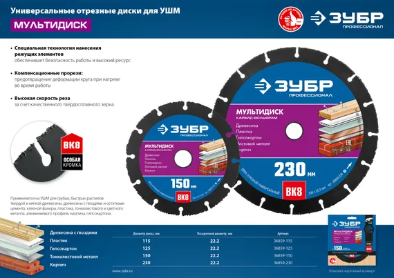 ЗУБР Мультидиск, 115 х 22.2 мм, для УШМ, диск отрезной по дереву(с твердосплавным зерном) (36859-115)