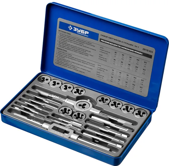 ЗУБР 24 предмета, сталь Р6М5, набор метчиков и плашек, Профессионал (28110-H24)