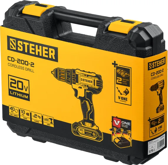 Дрель-шуруповерт, STEHER V1, 20 В, 40 Н·м, 2 АКБ (2 А·ч), кейс (CD-200-2)