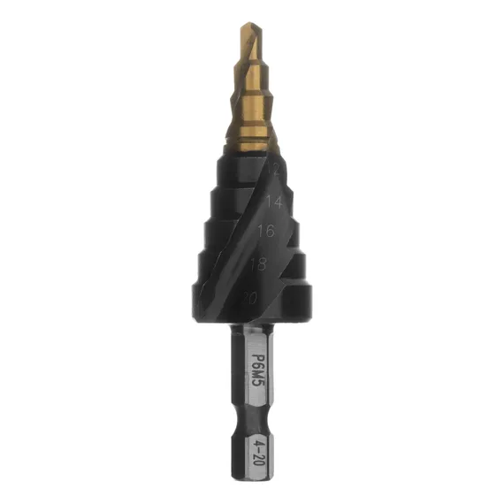 Сверло ступенчатое 4-6-8-10-12-14-16-18-20 мм, Р6М5, 6-гр. хвостовик Denzel