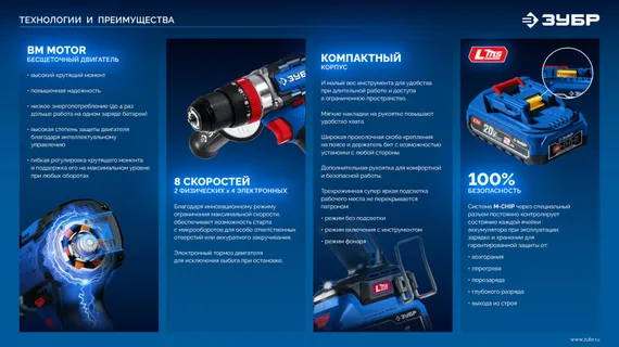 Бесщеточная дрель-шуруповерт, ЗУБР 20 В, 70 Н·м, 2 АКБ LMS (4 А·ч), кейс, ПРОФЕССИОНАЛ (DB-70-42)