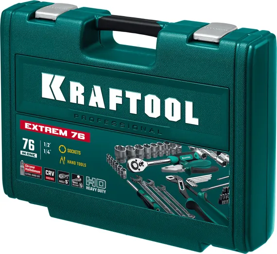 KRAFTOOL EXTREM-76, 76 предм., (1/2″+3/8″+1/4″), универсальный набор инструмента (27889-H76)