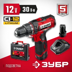 Уценка. Дрель-шуруповерт, ЗУБР С1-12, 12 В, 30 Н·м, 2 АКБ (2 А·ч), кейс (ДШЛ-125-22-U)
