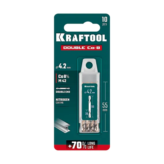 KRAFTOOL DOUBLE Сo-8 4.2х55мм, Сверло двухстороннее по металлу, сталь M42(+8%Co), класс А (29654-4.2-10)