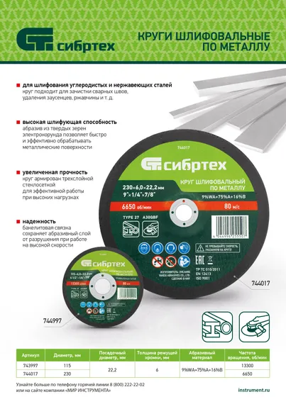 Круг шлифовальный по металлу, 115 х 6,0 х 22,2 мм, 9%WA+75%A+16%B// Сибртех