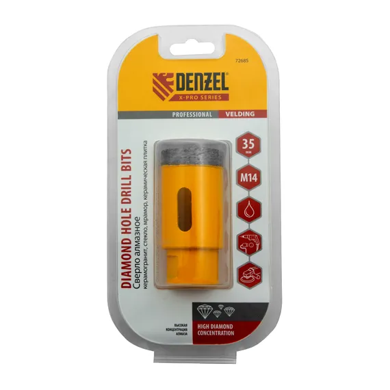Сверло алмазное по керамограниту, 35 мм, мокрая резка, М14 Denzel