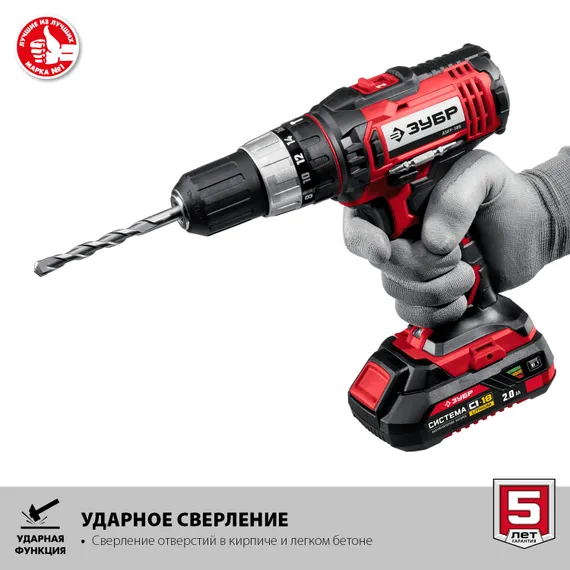 Ударная дрель-шуруповерт, ЗУБР С1-18, 18 В, 40 Н·м, 2 АКБ (2 А·ч), кейс (ДШУ-185-22)
