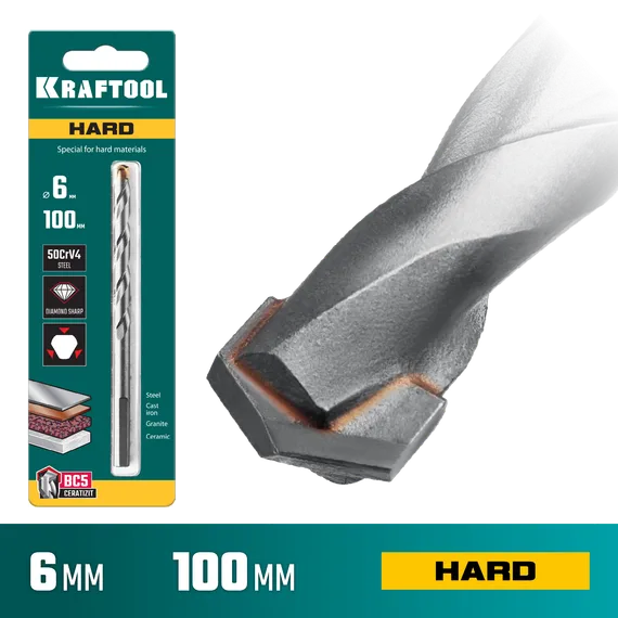 KRAFTOOL Hard, 6 х 100 мм, тв.сплав ВС5, сверло специальное по твёрдым материалам (29177-100-6)