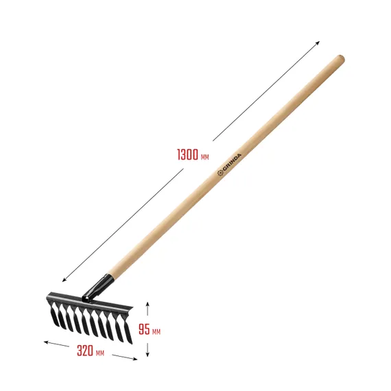 GRINDA GS-10 WOOD, 320 х 95 х 1300 мм, 10 витых зубцов, углеродистая сталь, антикор. покрытие, черенок дерев. высш. сорт, садовые грабли (39581-10)