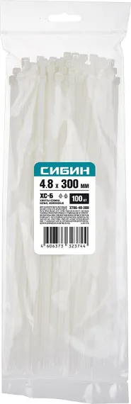 СИБИН ХС-Б, 4.8 x 300 мм, нейлон РА66, 100 шт, белые, хомуты-стяжки (3786-48-300)