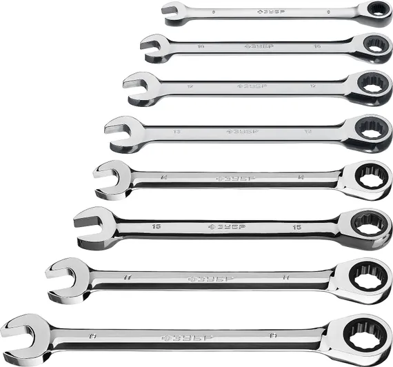 ЗУБР 8 шт, 8 - 19 мм, набор комбинированных трещоточных гаечных ключей, Профессионал (27074-H8)