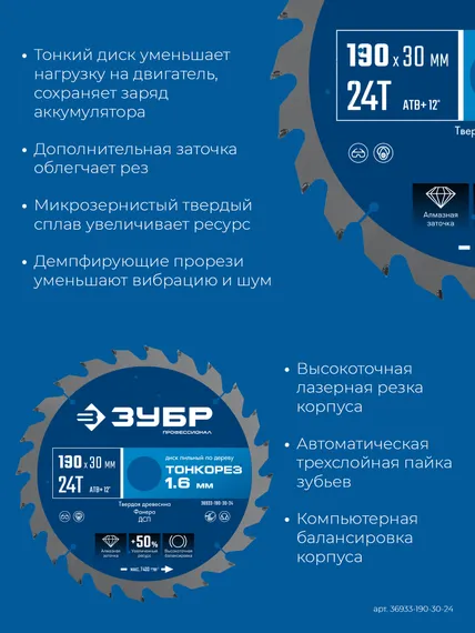 ЗУБР Тонкорез 190х30 x 1.6 мм, 24Т, диск пильный по дереву, тонкий рез, Профессионал (36933-190-30-24)