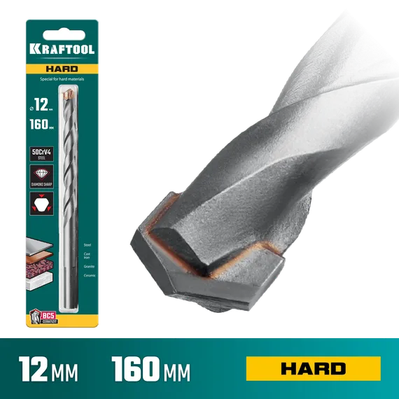 KRAFTOOL Hard, 12 х 160 мм, тв.сплав ВС5, сверло специальное по твёрдым материалам (29177-160-12)
