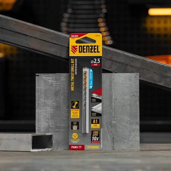 Сверло спиральное по металлу 2,5 х 95 мм Р6М5, Golden Tip, удлиненное, 2шт. Denzel