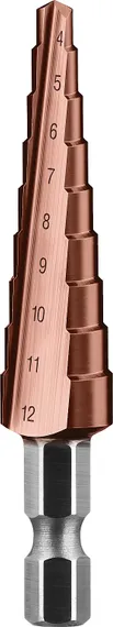 ЗУБР Кобальт, 4-12 мм, 9 ступеней, сталь Р6М5, кобальтовое покрытие, ступенчатое сверло, Профессионал (29672-4-12-9)