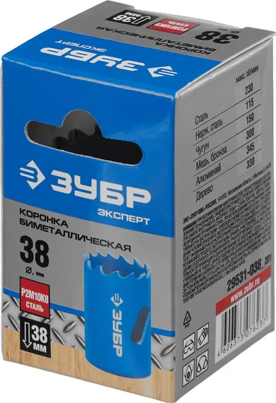 ЗУБР 38 мм, сталь Р6М5, биметаллическая коронка (29531-038)