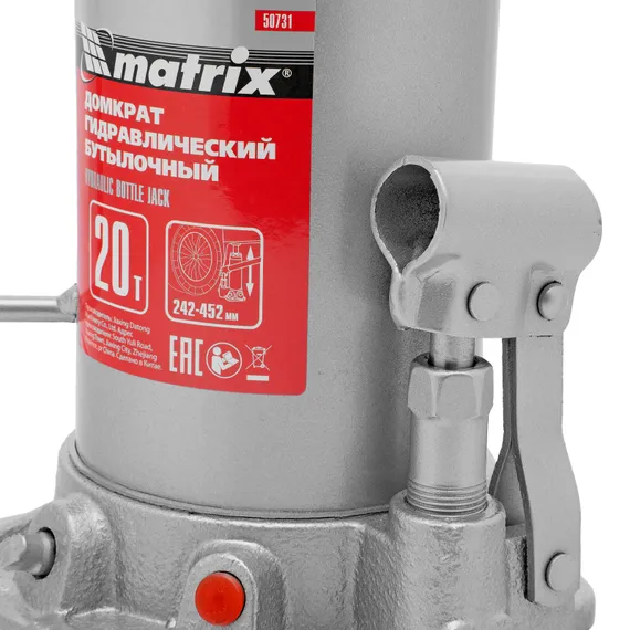 Домкрат гидравлический бутылочный, 20 т, высота подъема 242-452 мм Matrix