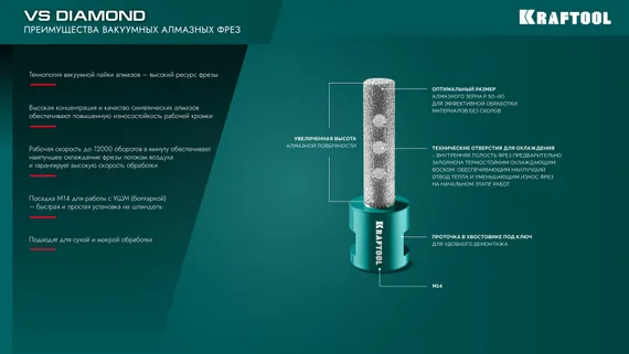KRAFTOOL VS DIAMOND d 8 мм (М14, 50 мм), Вакуумная алмазная фреза пальчиковая (29810-08)