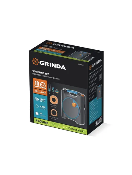 GRINDA COMPACT, шланг 10м x 5/16″ в пластиковом корпусе, поливочный набор 4 предм., соединит. шланг 1/2″х1,5м, набор поливочный мини ProLine (428480)