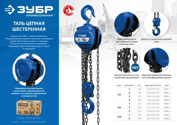 ЗУБР ТШ-2-12, 2 т, 12 м, ручная цепная шестеренная таль, Профессионал (43083-2)