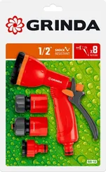 GRINDA GS-12, пистолет с 8 режимами, комплект соединительной арматуры 1/2″, ударопрочный пластик, поливочный набор (8-427383)