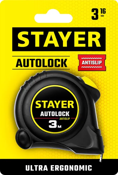 STAYER AutoLock, 3 м х 16 мм, рулетка с автостопом (2-34126-03-16)
