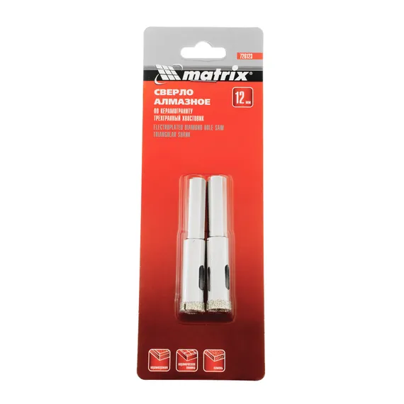 Сверло алмазное по керамограниту, 12 х 67 мм, трехгранный хвостовик, 2 шт Matrix
