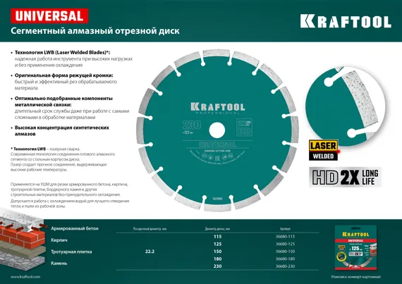 KRAFTOOL LASER-UNIVERSAL 230 мм (22.2 мм, 10х2.8мм), алмазный диск (36680-230)