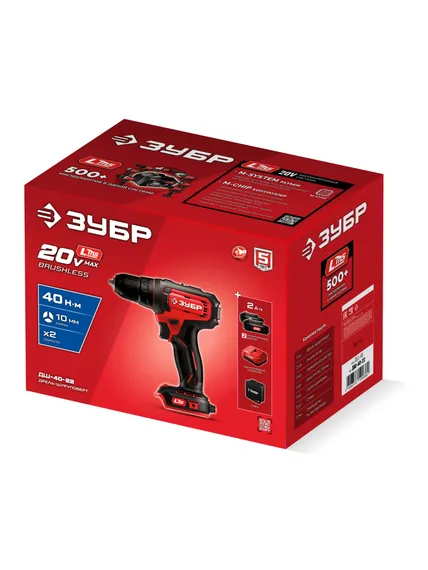 Дрель-шуруповерт, ЗУБР 20 В, 40 Н·м, 2 АКБ LMS (2 А·ч), сумка (ДШ-40-22)