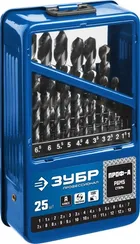 ЗУБР ПРОФ-А, 25 шт, (1-13 мм), сталь Р6М5, класс А, мет.бокс, набор сверл по металлу, Профессионал (29625-H25)