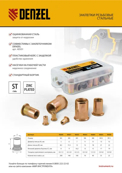 Заклепки резьбовые, стальные, оцинкованные, М10, пластиковый кейс, 35 шт. Denzel