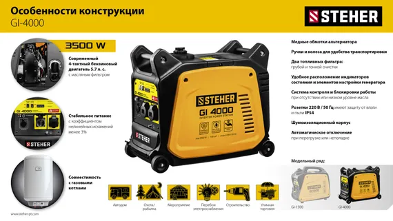 STEHER 3500 Вт, инверторный генератор (GI-4000)