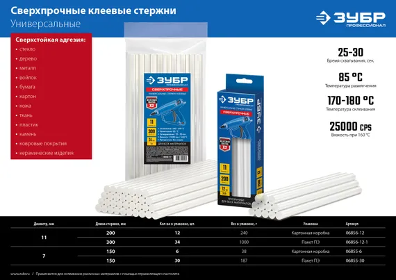 ЗУБР 7 х 150 мм, 30 шт, сверхпрочные прозрачные клеевые стержни, Профессионал (06855-30)
