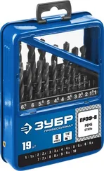 ЗУБР ПРОФ-В, 19 шт, (1-10 мм), сталь Р6М5, класс В, мет.бокс, набор сверл по металлу, Профессионал (29621-H19)