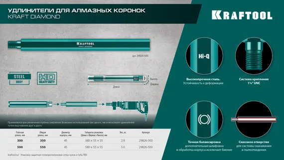 KRAFTOOL L300 мм, стальной, посадка 1 1/4″, Удлинитель для алмазных коронок (29826-300)