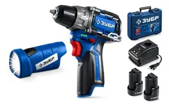 Дрель-шуруповерт + LED фонарь, ЗУБР КОМПАКТ #4, набор: BRUSHLESS, 12 В, 45 Н·м, 2 АКБ тип Т7 (2 А·ч), кейс, Профессионал (DB-121-22F)