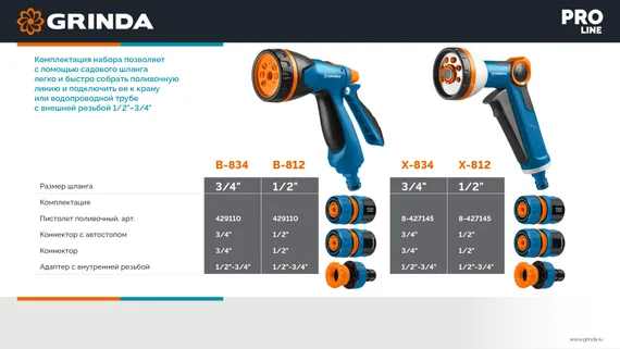 GRINDA Х-834, пистолет поливочный X-8, коннектор 3/4, конектор 3/4 с автостопом, адаптер с внутр. резьбой 1/2 х 3/4,набор поливочный PROLine (429167)