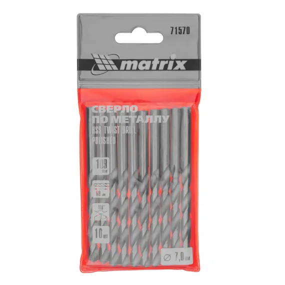 Сверло по металлу, 7 мм, полированное, HSS, 10 шт, цилиндрический хвостовик Matrix
