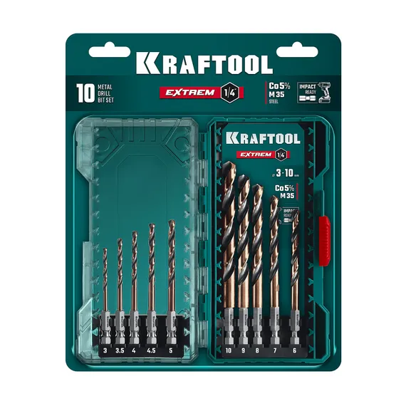 KRAFTOOL НЕХ-1/4″, 10 шт, набор сверл по металлу для винтовёртов и шуруповертов IMPACT READY (29652-H10)