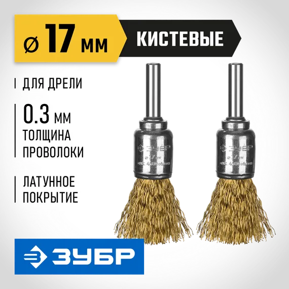 ЗУБР 2 шт, 17 мм, витая стальная латунированная проволока 0.3 мм, набор кистевых щеток-крацовок для дрели, Профессионал (35225-17-H2)