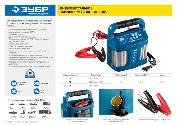 ЗУБР ЗУ-240, 6/12/24 В, 2-12 А, розетка 12 В, интеллектуальное зарядное устройство для аккумуляторов, Профессионал (59305)