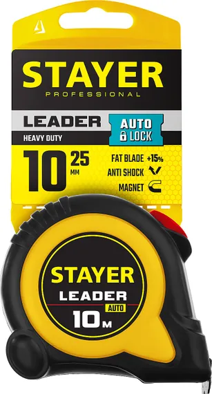 STAYER Leader, 10 м х 25 мм, рулетка с автостопом, Professional (3402-10-25)