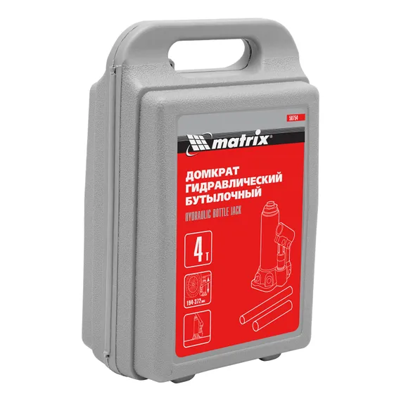 Домкрат гидравлический бутылочный, 4 т, высота подъема 194-372 мм, в пластиковый кейсе Matrix