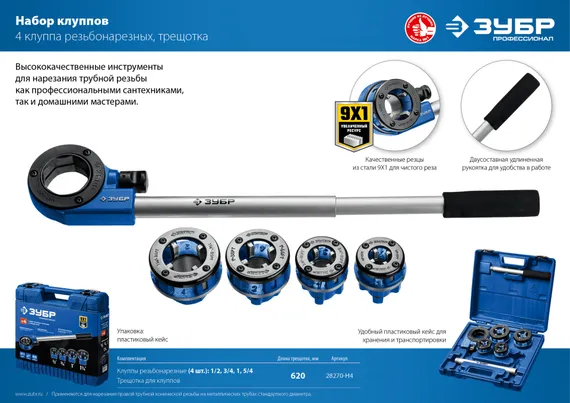ЗУБР набор клуппов с трещоткой №4, Профессионал (28270-H4)